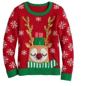 Girls Reindeer Christmas Sweater 16 Its Our Time Red Glitter 3-D Long Sleeve
